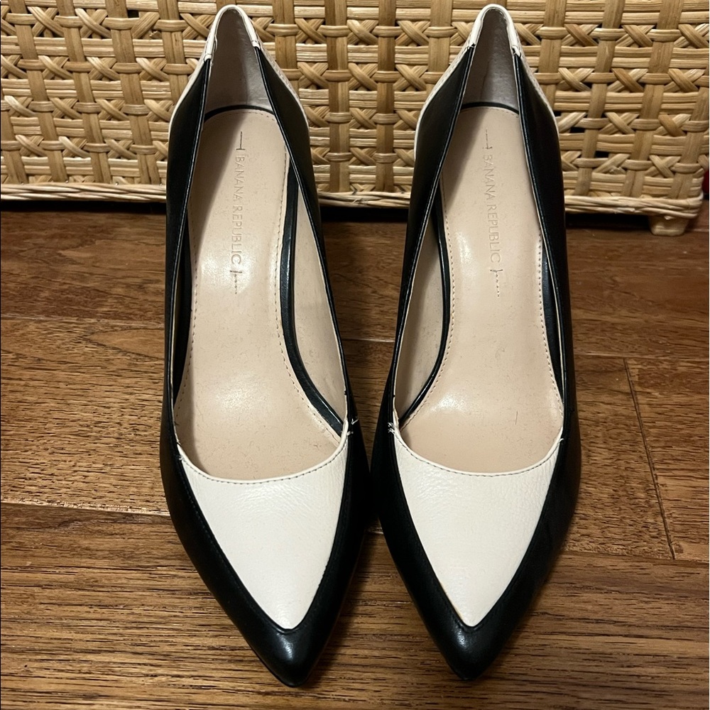 Black and White Banana Republic Tuxedo stilettos heels.
